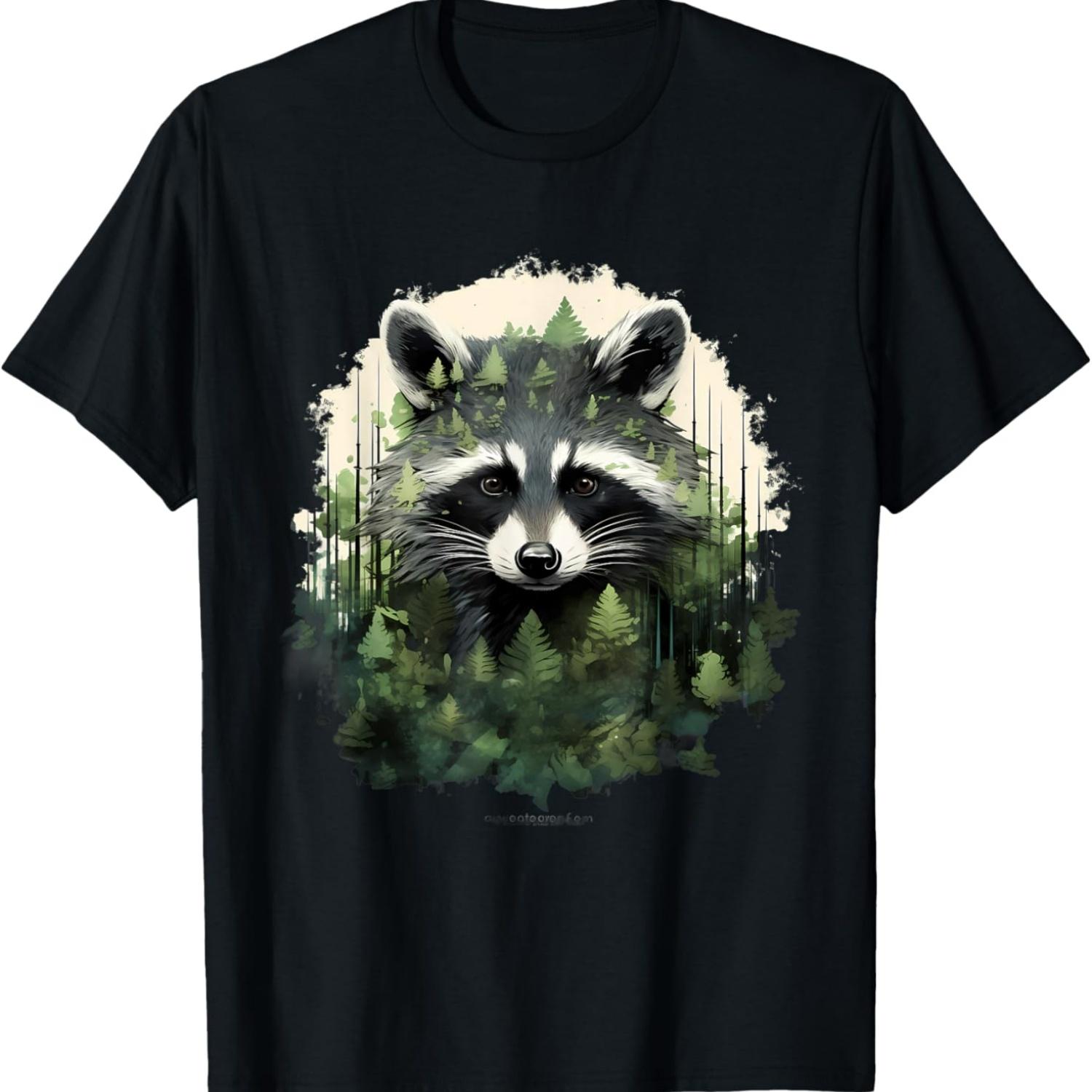 Raccoon Forest Art Animal Nature Portrait Motif Wildlife T-Shirt S чёрный