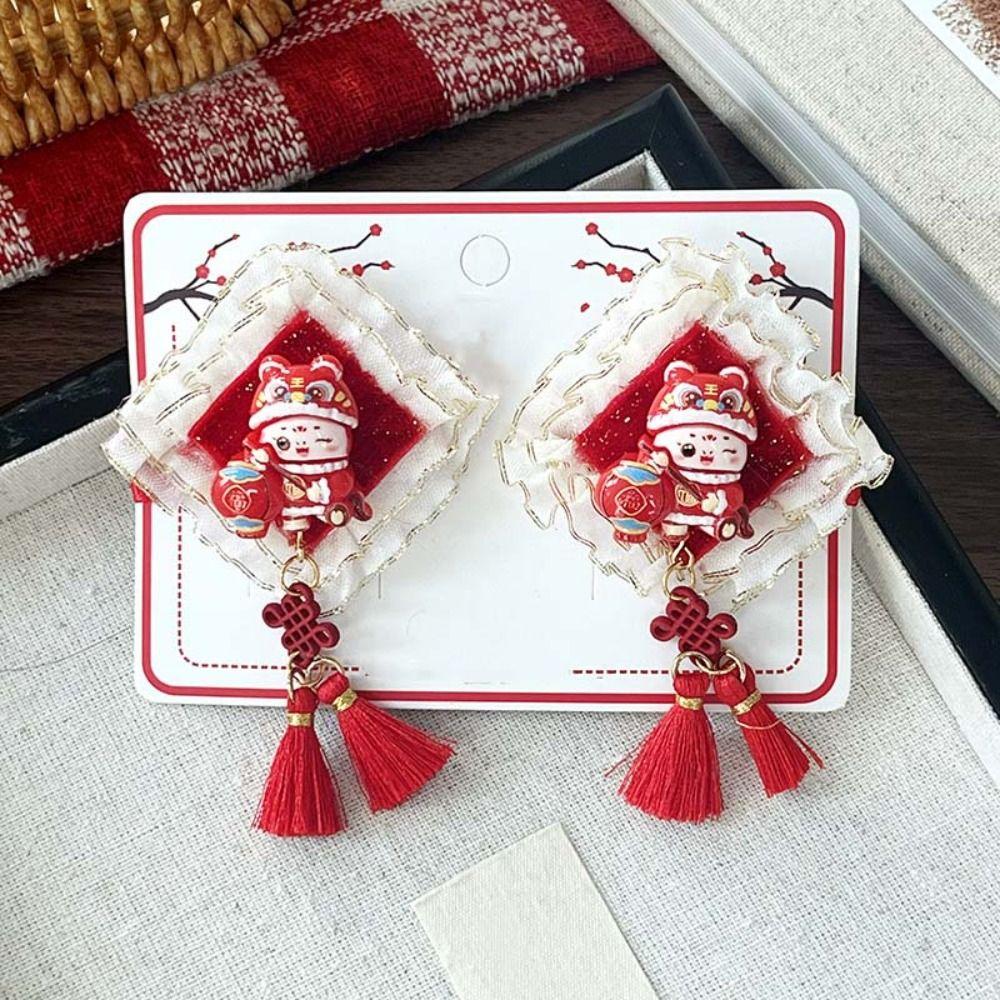 2pcs Bow New Year Tassel Barrettes Plush Ball Embroidered Bow Headwear Hanfu Hair Accessories  Kids