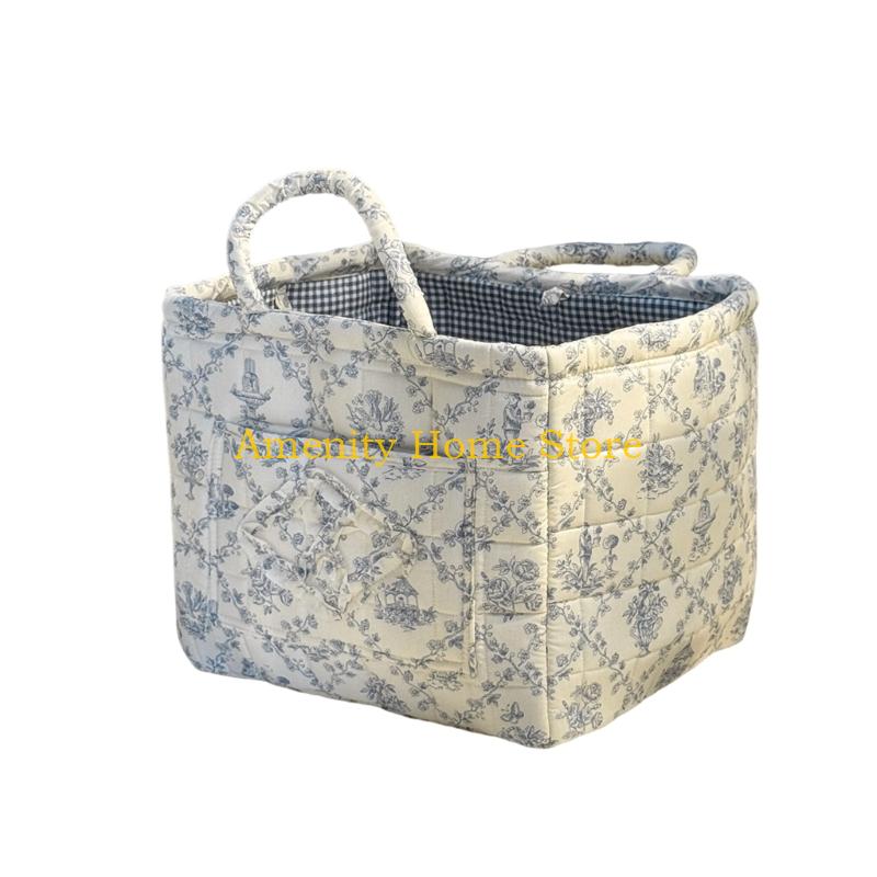 F26C Floral Pattern Quilted Cotton Storage Basket Foldable Lightweight with Handles for Home Laundry Toy Organization