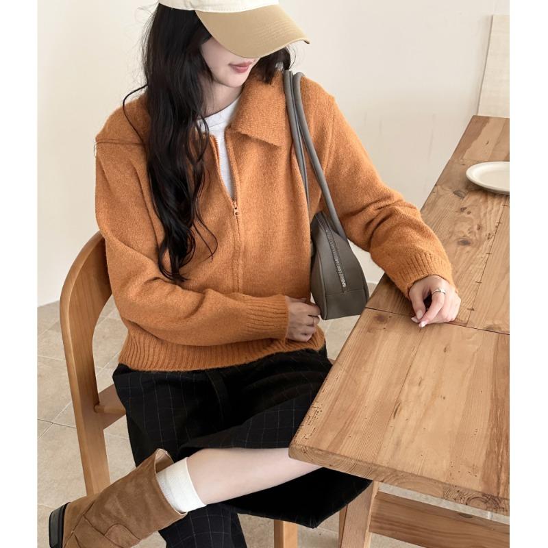 2026 Autumn Winter New Women Lapel Collar Zip Up Knit Cardigan Loose Long Sleeve Versatile Soft Knitted Sweater Outerwear Coat