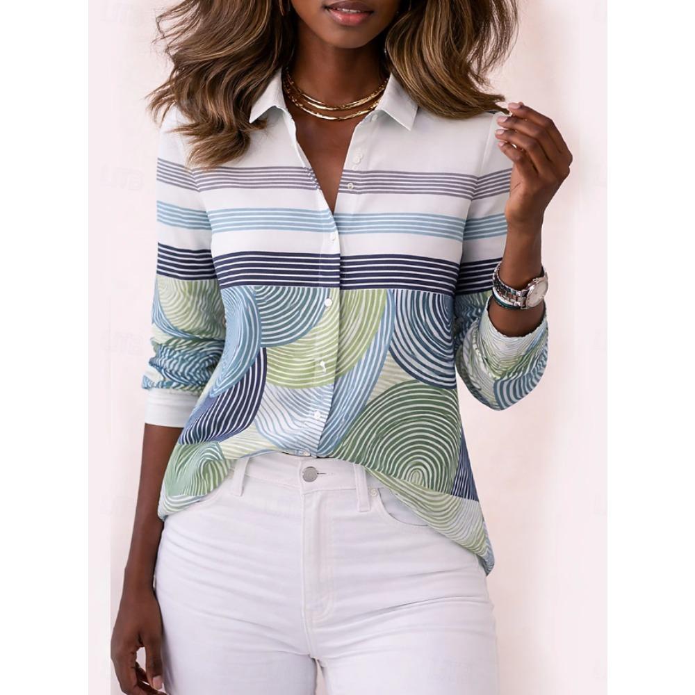 Geometric Print Women Blouse Spring Autumn Femme Office Lady Button Up Turn Down Collar Shirts