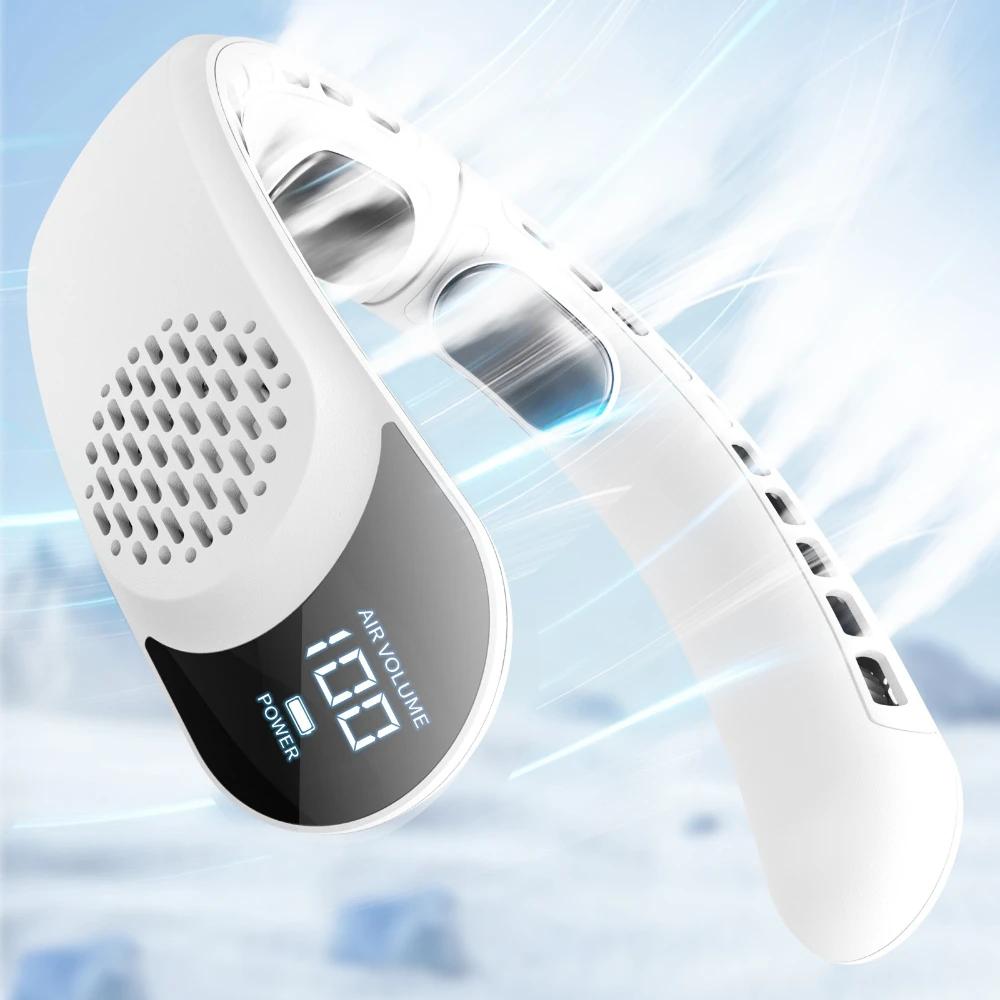 Portable Neck Fan 360° Turbine Air Cooler USB Rechargeable 4000mAh LED Digital Display Strong Wind Silent Hanging Non-blade Fan