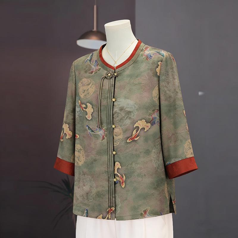

Elegant Printed Stand Collar Seven-Sleeve Shirt for Middle-Aged and Elderly Women 4XL (suggested for 130-145 jin)
