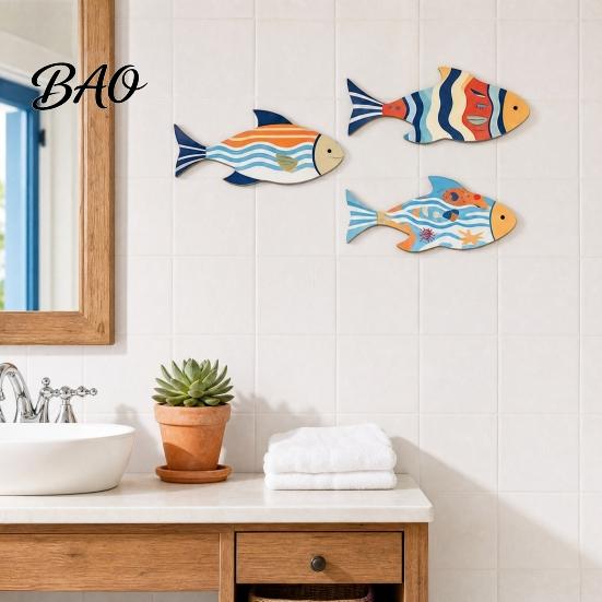 Balcony Marine Wall Art 3 Pcs Vintage Beach Wooden Fish Decor, Nautical School of Coastal Art, Summer Lake House Hanging Sculpture for Living