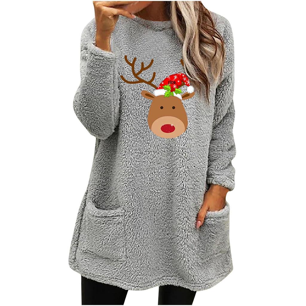 Women's Christmas Deer Print Round Neck Loose Fitting Long Sleeve Pocket Plush Hoodie