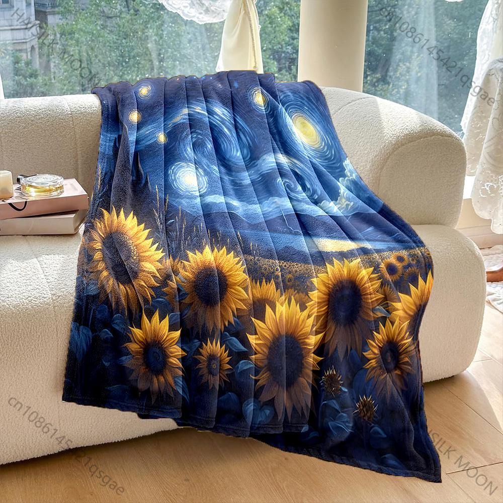 Oil Painting Sunflower Starry Sky Blanket Warm Soft Fluffy Kids Adult Luxury Gifts for Sofa Bed Home Outdoor Travel Camping