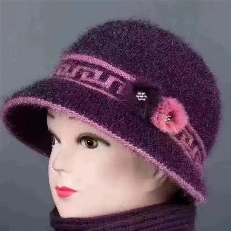Middle Aged Elderly Winter Mothers Knitted Hats Warm Woolen Hats with Added Velvet Women's Ear Protection Covers Thick Duckbill Caps