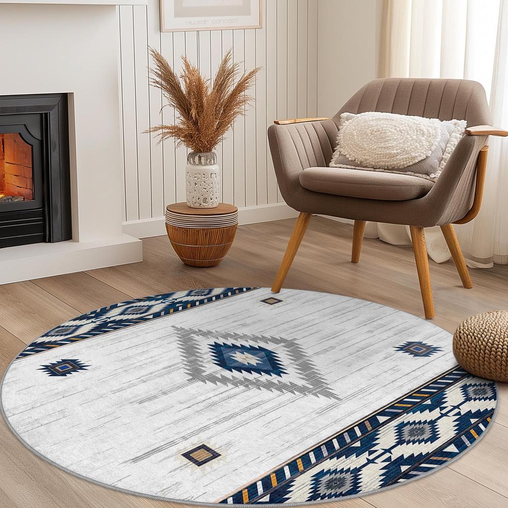 Vintage Ethnic Round Area Rug Aztec Southwestern Diamond Circle Carpet Washable Non Slip Entryway Apartment Home Floor Decor