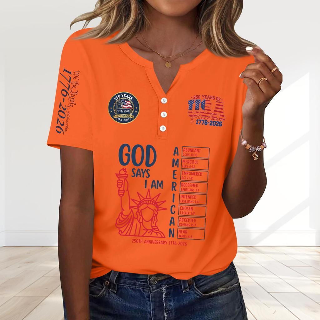 Womens Short Sleeve Henley Neck Printed T Shirt 250th Anniversary Letter Graphic Casual Loose Fit Top for Everyday Wear