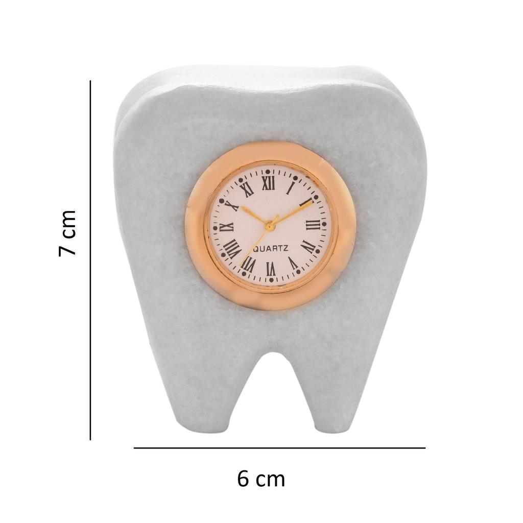 Marble Tooth Shape Table Clock for Dentist | Handmade Dental Clinic Desk Clock | Quartz Marble Clock for Doctor Office, Clinic & Gift | Size 6×4×7 cm