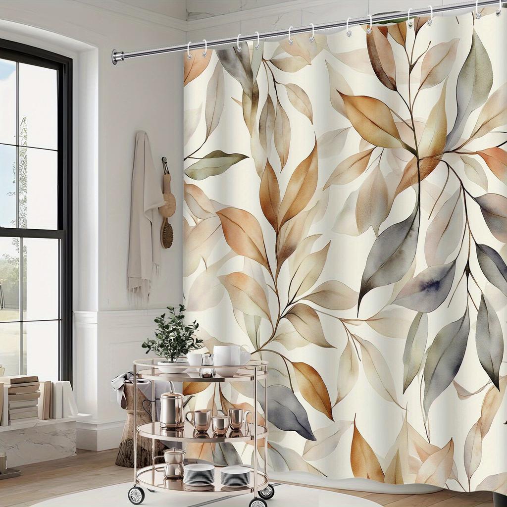 1pc Watercolor leaf pattern shower curtain, polyester fabric, machine washable, with hooks, suitable for bathroom décor.