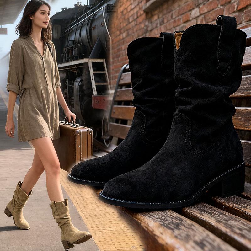 Short Boots Children's Coarse Heel Medium Tube Pile Boots Women's New Autumn Merad Western Cowboy Martin Boots