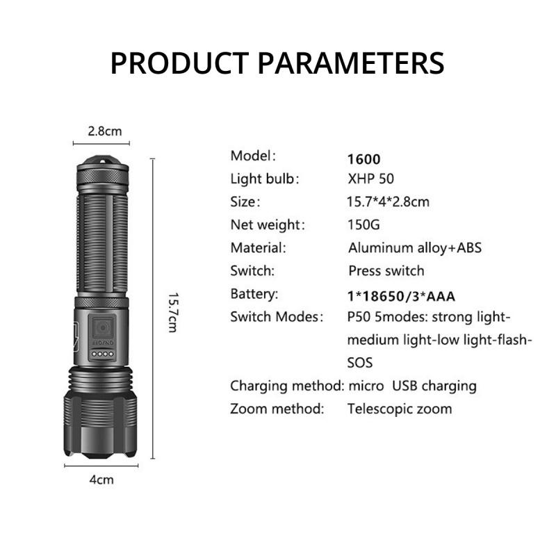 FONKEN Rechargeable LED Flashlight USB Torch Light XHP50 Most Powerful Flashlight 18650 Battery Bright Waterproof Zoom Hand Lamp