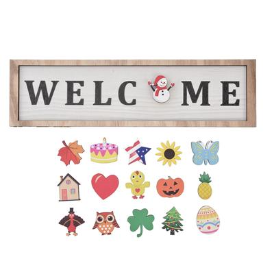 Door Sign Wooden Seasonal Rustic Welcome Door Decoration with 16 Interchangeable Icons for