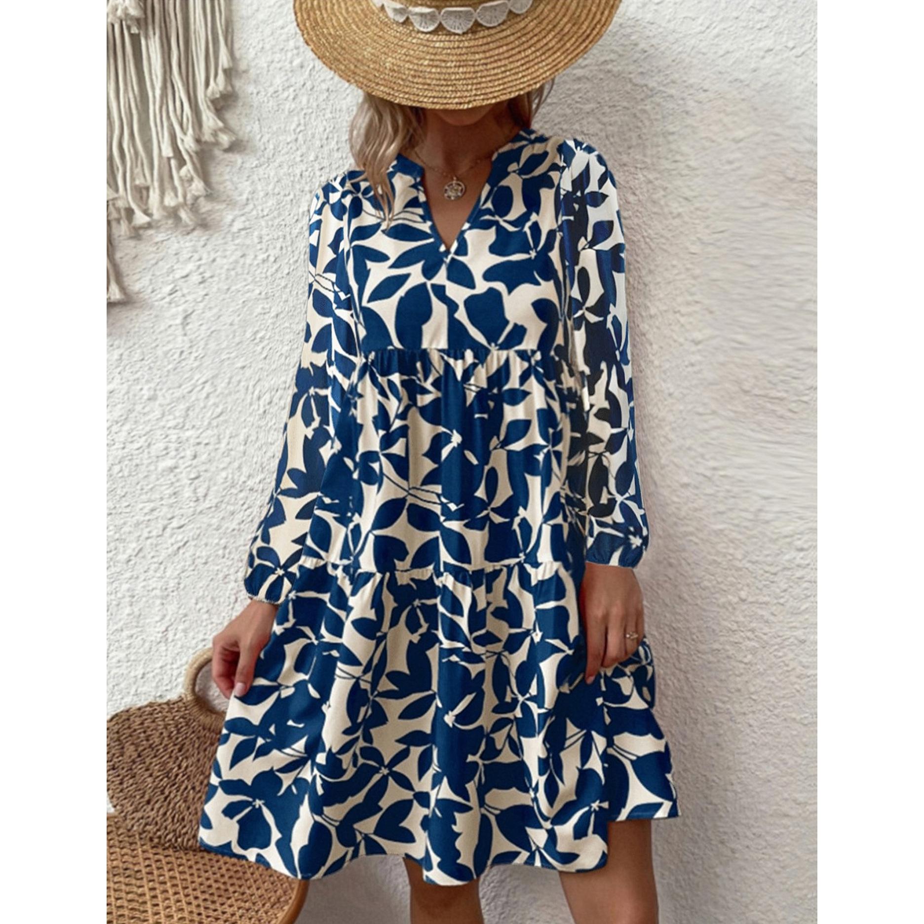 

Женское богемное модное свободное платье с длинным рукавом и v-образным вырезом, плиссированное платье с принтом XL синий