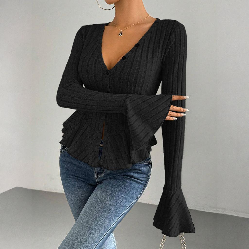 Women's V-neck Ruffled Solid Color Long-sleeved T-shirt Top
