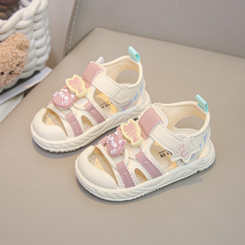 

Boys Girls Walking Shoes Toes Capped Cute Cats Baby Beach Shoes Soft Sole Hook&loop 2025 Summer New Kids Sandals Size 18-26 18 розовый