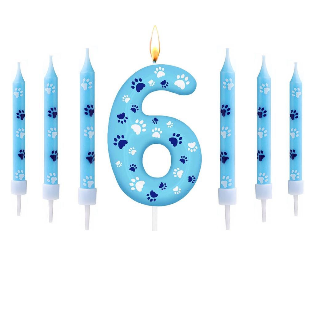 0-9 Blue and White Dog Birthday Candle Cake Top Digital Birthday Candle, Used for Boy and Girl Dog Claw Decoration Candles