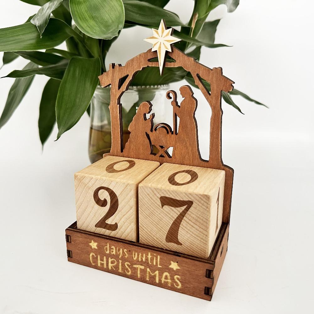 Wooden Nativity Advent Calendar Countdown Blocks Days Until Christmas Winter Holiday Decorations for Home Tabletop Office