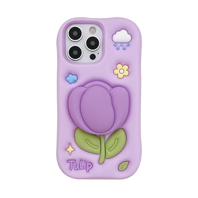 

Cartoon 3D Purple Tulip Bracket Phone Case For iPhone 16 15 13 14 Pro Max Soft Silicone Back Cover With Stand Holder iPhone 14 Pro