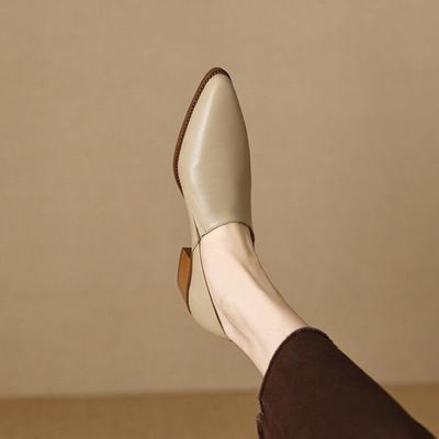 Chaussures simples à bout pointu en cuir souple, nouvelle collection printemps-automne, talon épais, talon moyen