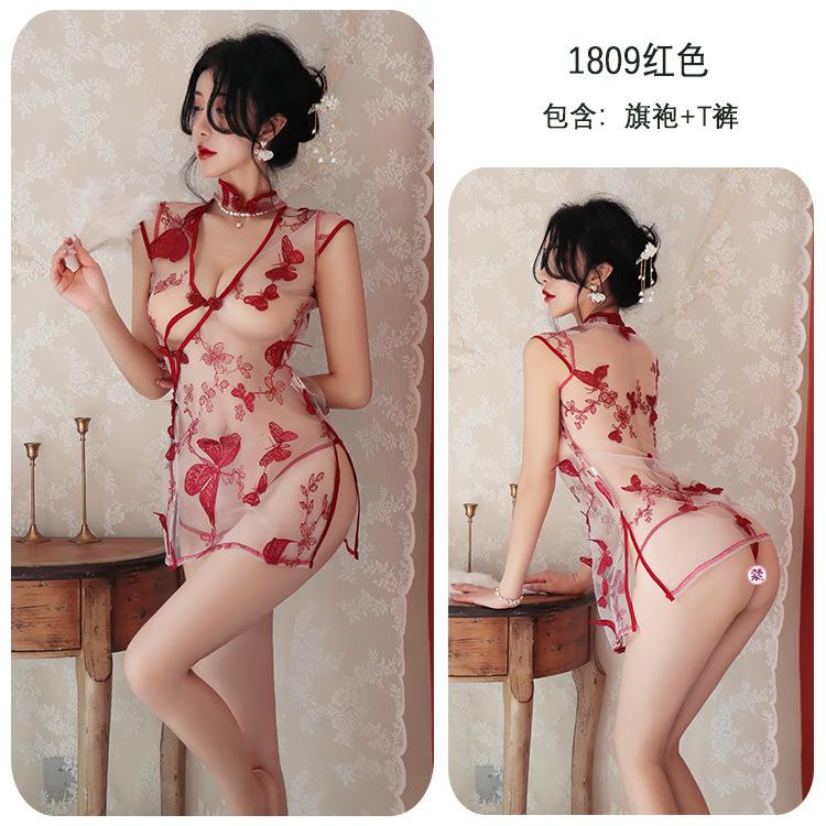 Sexy lingerie sexy perspective nightgown seduction retro hollow embroidered cheongsam uniform seduction