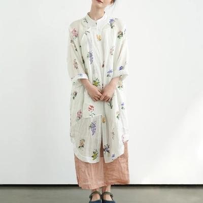 Women Vintage Print Floral Dresses Button Stand Long Sleeve White Spring Female Dress