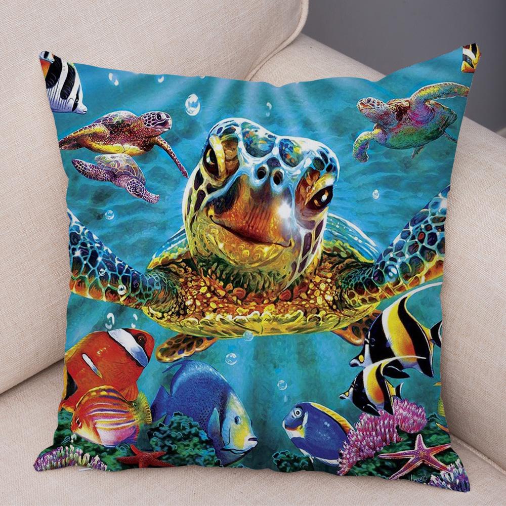 Marine Turtle Dolphins Shark Cushion Cover Short Plush Decor Colorful Ocean Animal Pillowcase Pillow Case for Sofa Home Car