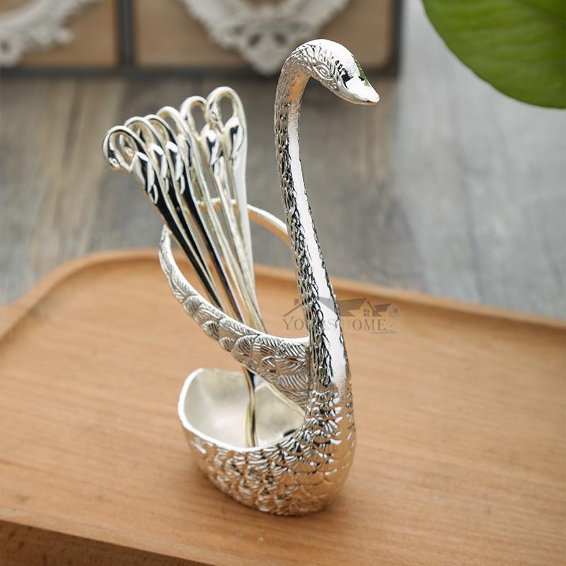 Swan Spoon Base Holder Fruit Forks Set Stainless Steel Salad Dessert Forks Spoon Coffee Cake Tools Tableware Barware