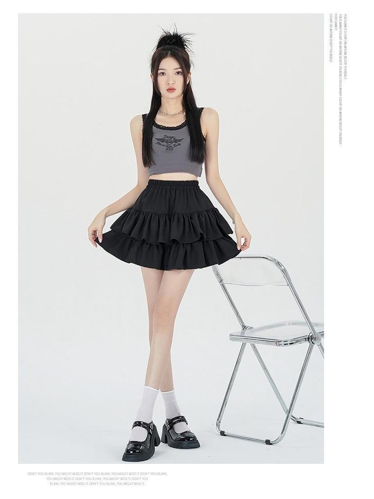 Women's Summer Black A-line Puff Short Skirt - Elastic Waist, Slimming, Anti-Exposure.