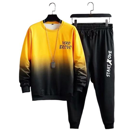 2 Pcs/Set Men Top Pants Suit Gradient Contrast Color Long Sleeve Round Neck Loose Elastic Waist Ankle Banded Hip Hop Sports Tracksuit Fall Spring Top