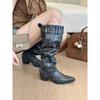 Kendou Spice Girls! Retro suede square head big tube stacked boots women's autumn and winter belt buckle thick heel boots