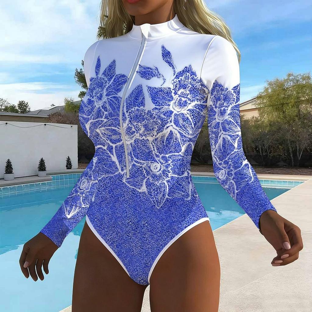 Women Long Sleeve One Piece Swimsuit Zip Front  Rose Flower  Print Rash Guard Surfing Bathing Suit
