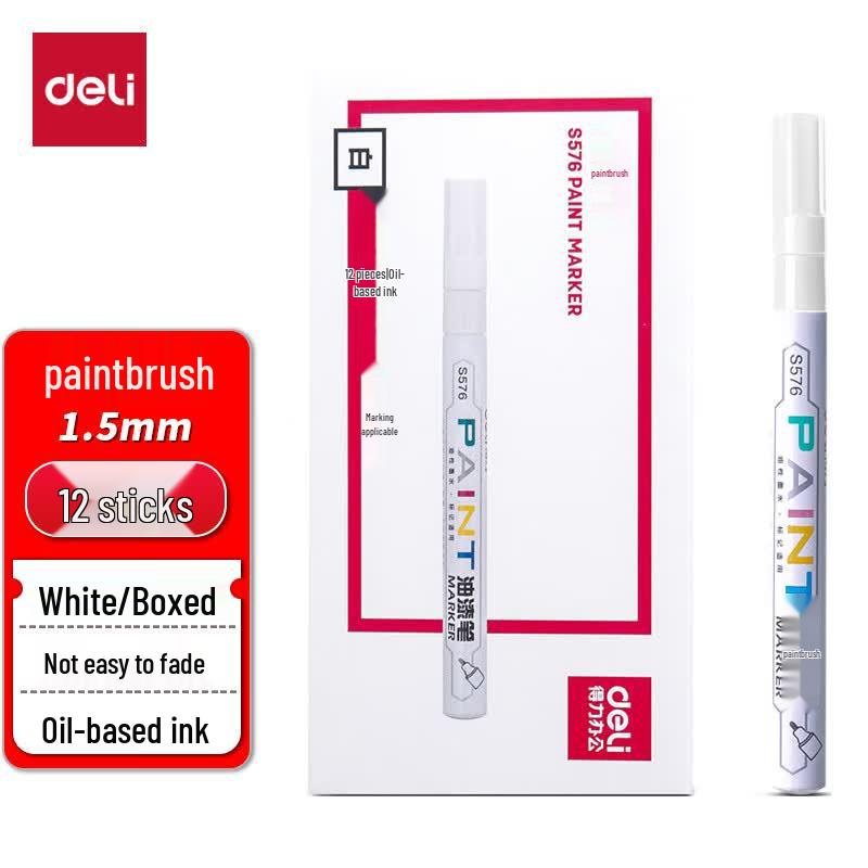 Deli Fine Tip White Oil Paint Marker Pen, 1.5mm, 12-pack