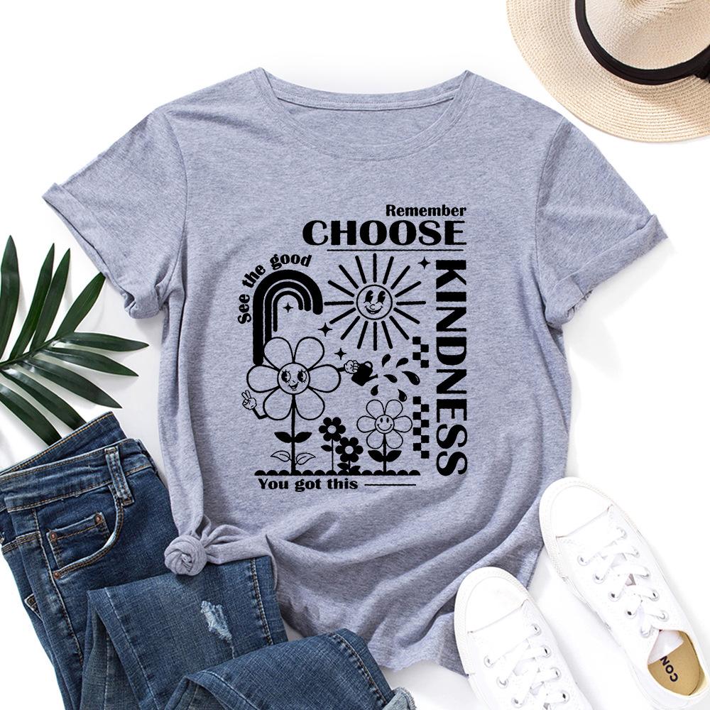 

Cotton T-Shirt Short Sleeve Round Neck Women 2d Print Tops S