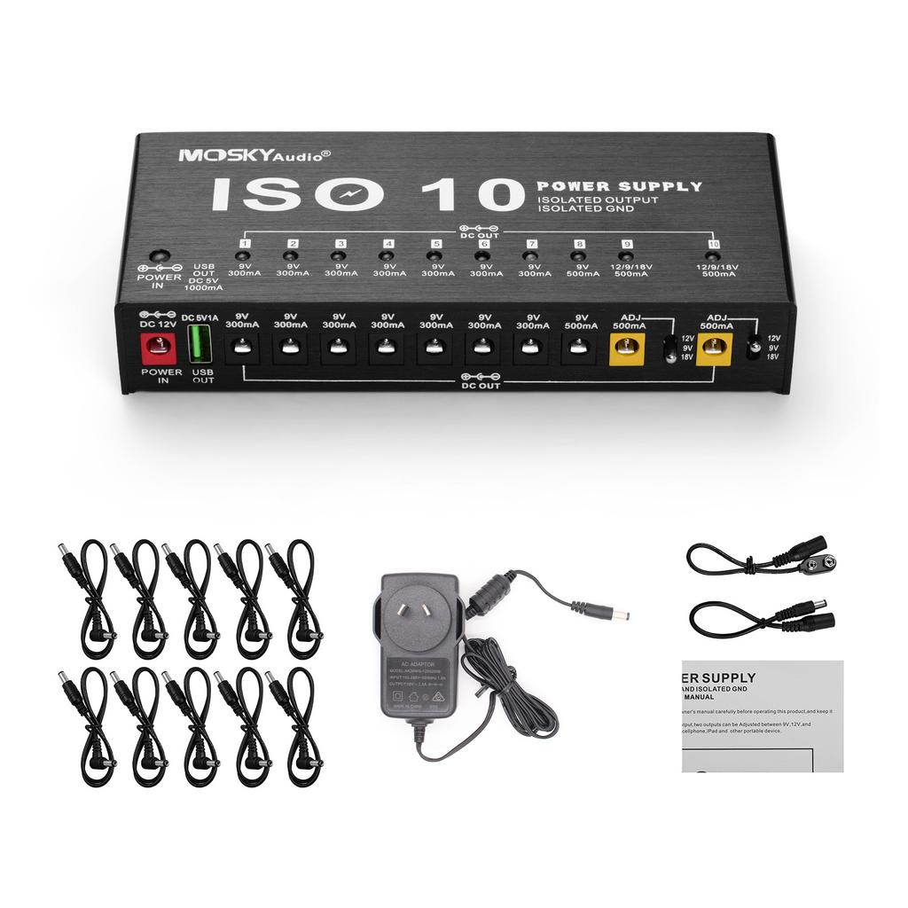 MOSKYAudio ISO-10 Portable Guitar Effect Power Supply Station 10 Isolated DC Outputs & One 5V USB