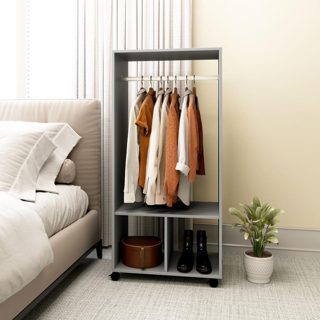 Wardrobe with Shelves, 2 Hanging Niches, 4 Swivel Casters, 60 x 40 x 128 cm, Grey