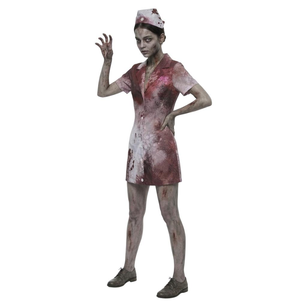 Adult Halloween Nurse Costume Dress Set Bloody Print Short Sleeve Button Front Mini Dress with Matching Hat for Costume Party Role Play