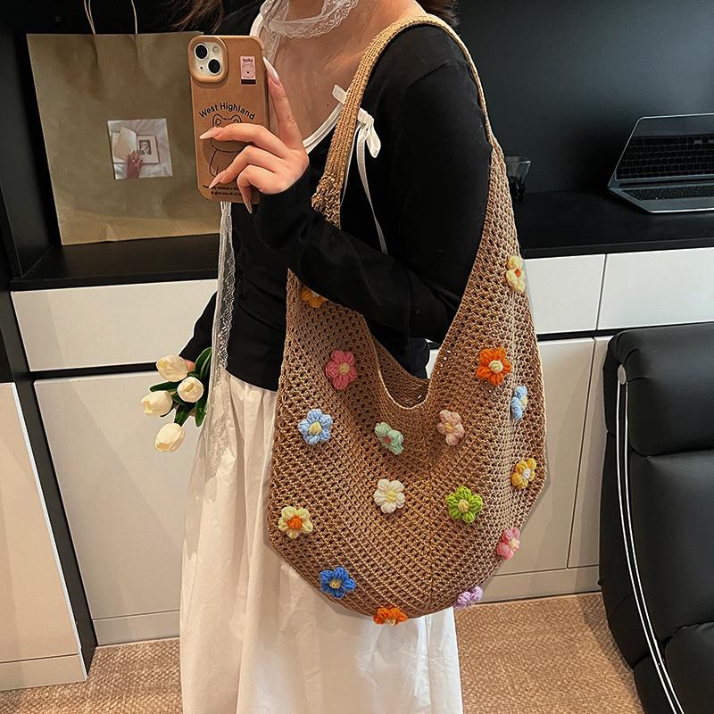 Yogodlns Summer Commuting Woven Bag for Women Single Armpit Bag, Fashion Large Capacity Tote Bag, Beach Floral Hollow Handbag Shoulder Bag