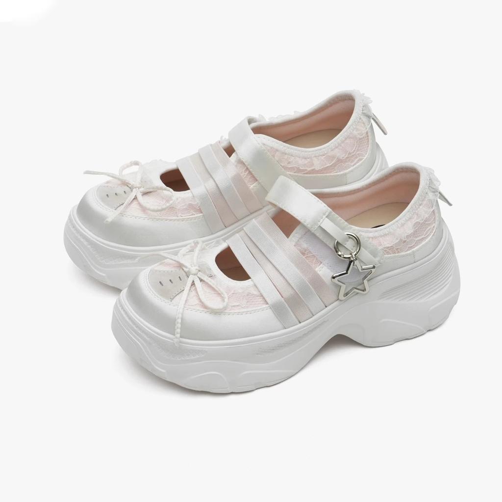 Masoshi lace edge Mary Jane shoes women's 2025 summer new thick-soled heightened silk and satin surface breathable casual shoes