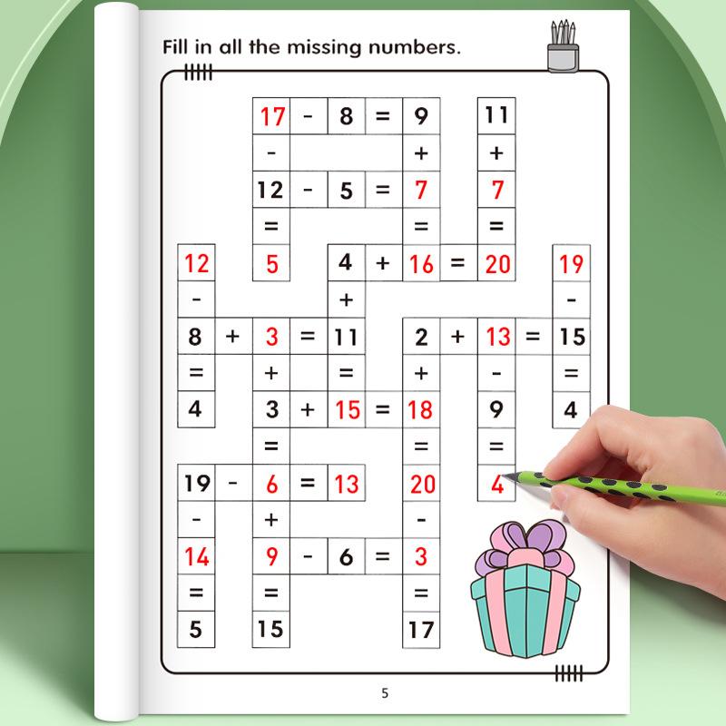 Educational Children's Math Game Crossword Puzzle Book - Practice Addition Subtraction Within 20 - Christmas Toy Gift