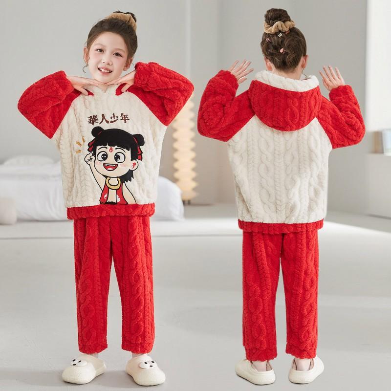 Girls Coral Fleece Pajama Set With Hooded Cartoon Character Design Winter Warm Sleepwear Kids 8 Years