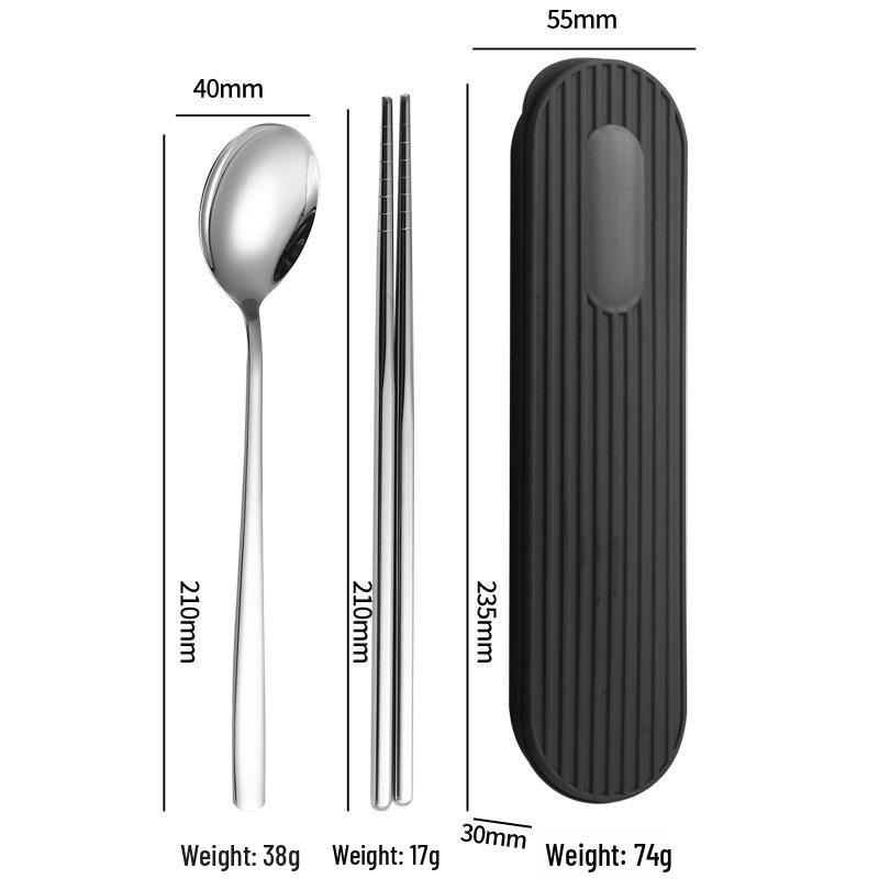 Set di Posate in Acciaio Inossidabile 304: Forchetta, Cucchiaio, Bacchette con Scatola a Strisce Verticali per Viaggio, Campeggio, Uso Studentesco