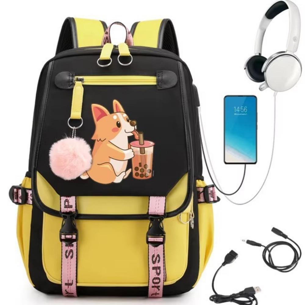 Cute Pattern Corgi Drink Milk Tea Printed Schoolbag Middle School Student Junior High School Large Capacity Schoolbag Travel Bag