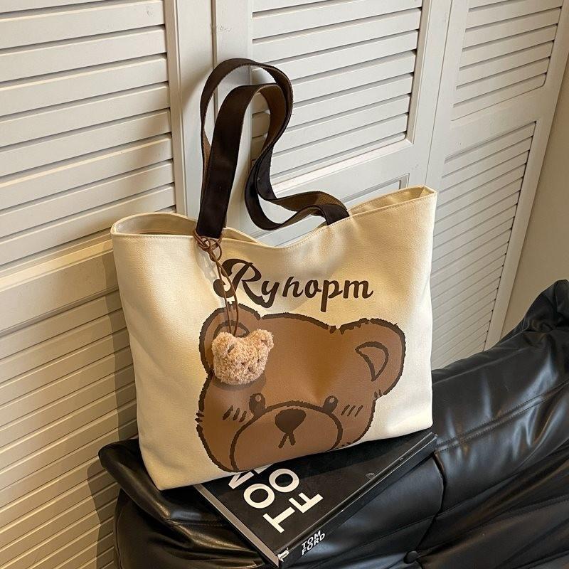 Casual Large Capacity Cartoon Bear Canvas Tote Bag For Women Perfect For College Use