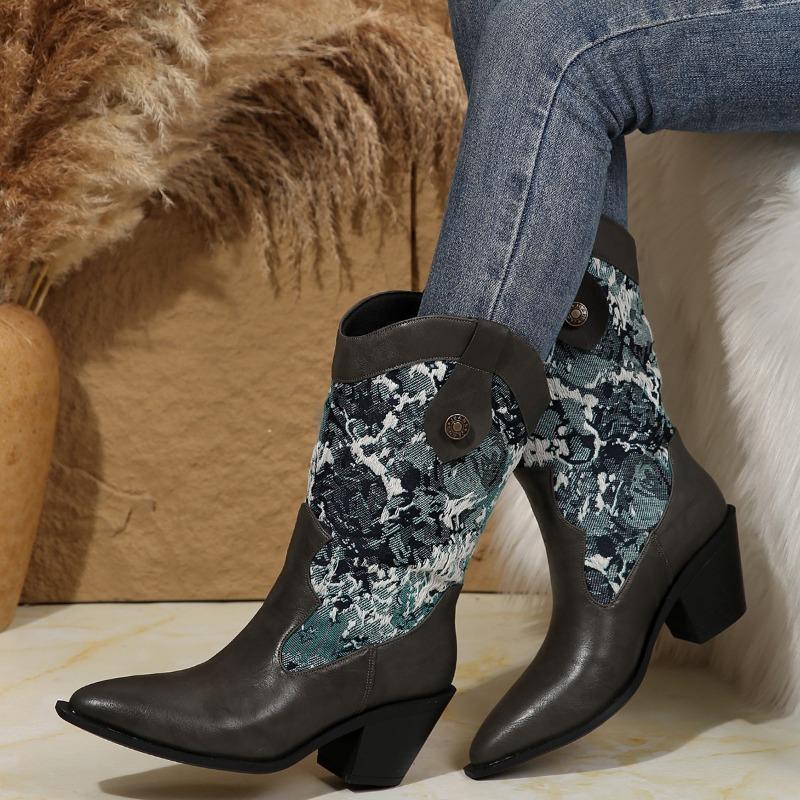 Pointed toe thick heel medium heel embroidered pattern low boots western cowboy knight boots women's large size leather boots