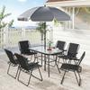 8-Piece Garden Set with Parasol, 6 Folding Chairs and Tempered Glass Outdoor Table, Black