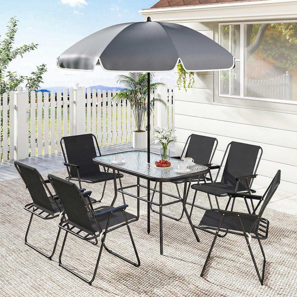 8-Piece Garden Set with Parasol, 6 Folding Chairs and Tempered Glass Outdoor Table, Black