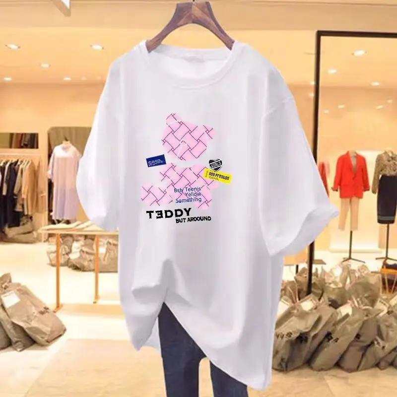 

Women s round neck and cartoon printed basic T-shirt, casual loose cotton short sleeved sweater, oversized top, summer novelty 4XL