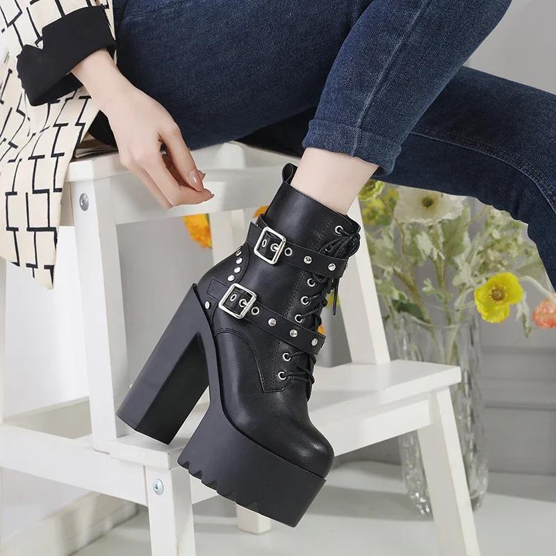 Fashion 14CM Women Chunky Ankle Boots Leather cosplay Round Toe Platform Knight Boots Shoes High Heels Black White Thick Heel Lace Up